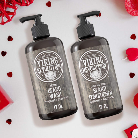 Beard Wash & Conditioner Set W/Argan & Jojoba Oils – Softens, Smooths & Strengthens Beard Growth - Natural Peppermint and Eucalyptus Scent - Shampoo (17 Oz)