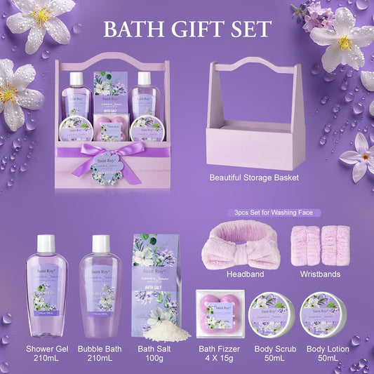 Bath and Body Gift Basket Set for Women - Jasmine Valentines Day Gifts for Women, Spa Gift Basket 13-Piece Bath Gift Set, Gift Set for Ladies Body & Bath Gifts Set Lavender Gift Baskets for Mom