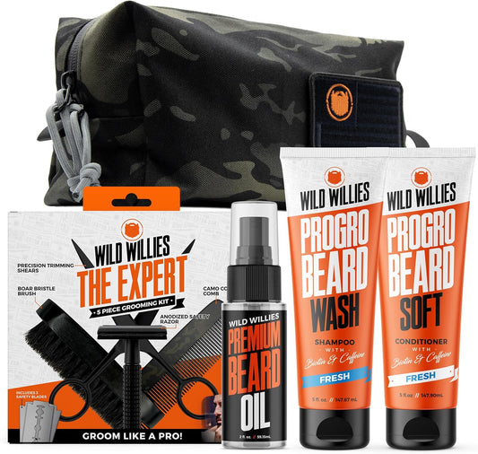 Complete Beard Grooming Kit for Men - Includes 5 Piece Grooming Kit, PROGRO Shampoo Wash & Conditioner, & Premium Hair Oil for Daily Use, Beard Growth & Hydration