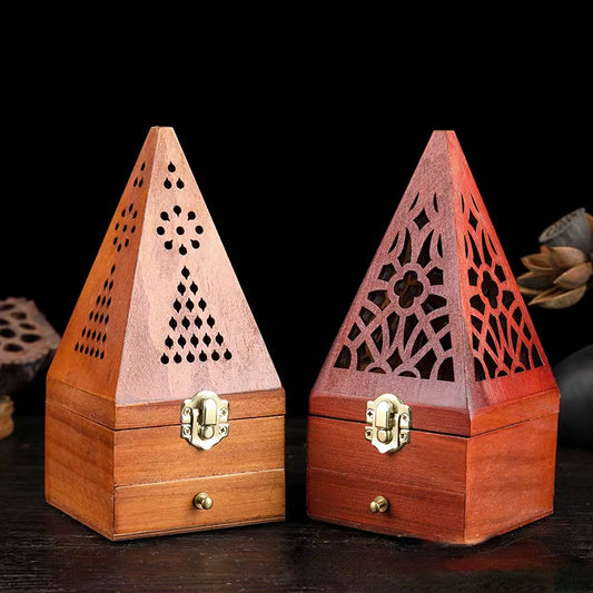 1 Pcs Antique Aromatherapy Box Sandalwood Pine Wood Hollow Home Incense Burner Creative Pyramid