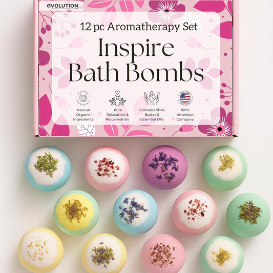 Inspire Bath Bombs for Women & Girls – 12 Flower Topped Bath Bombs Girls, Lush Woman Bathbomb Set, Organic Bath Fizzers, Luxury Gift Mothers Day, Birthday, Valentines, Easter or Self Care