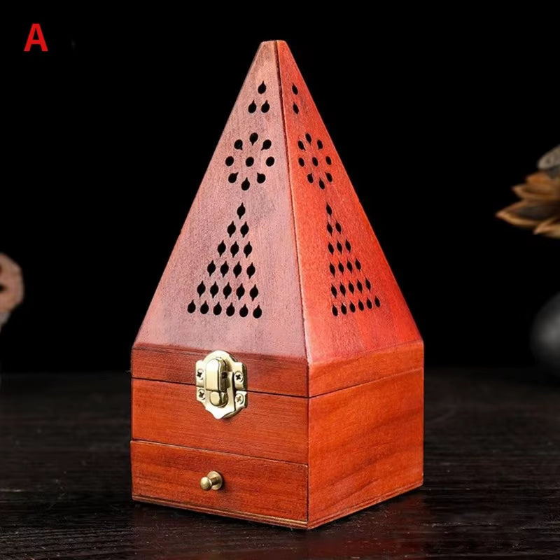 1 Pcs Antique Aromatherapy Box Sandalwood Pine Wood Hollow Home Incense Burner Creative Pyramid