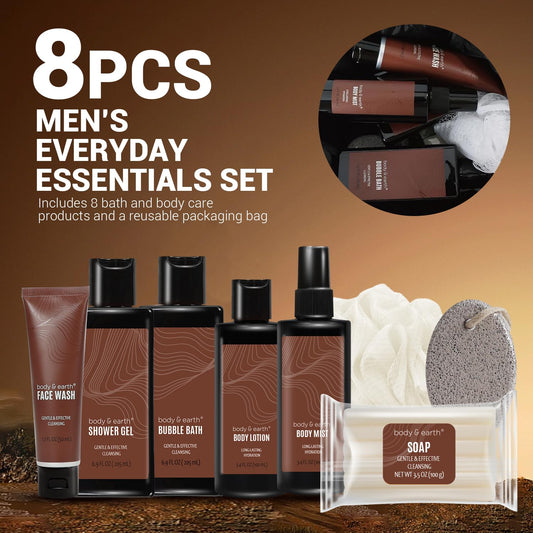 Bath and Body Wash Sets for Men - 8Pcs Spa Baskets Mens Birthday Gifts Sandalwood, Self Care Kit, Husband Men Father'S Day Gifts