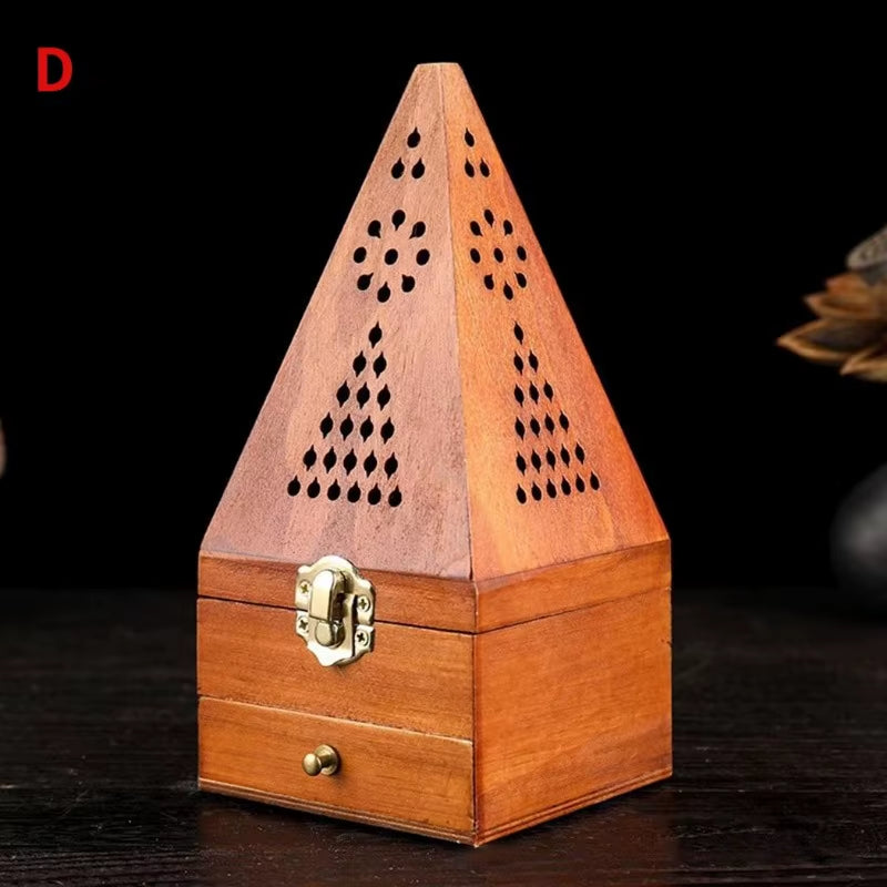 1 Pcs Antique Aromatherapy Box Sandalwood Pine Wood Hollow Home Incense Burner Creative Pyramid