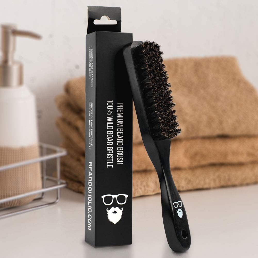 Beard Brush Black - 100% Boar Bristles and Durable Bamboo Handle - Removes Tangles, Beard Dandruff, Ingrown Hairs and Detangles Loose Hairs with Ease - Long Lasting