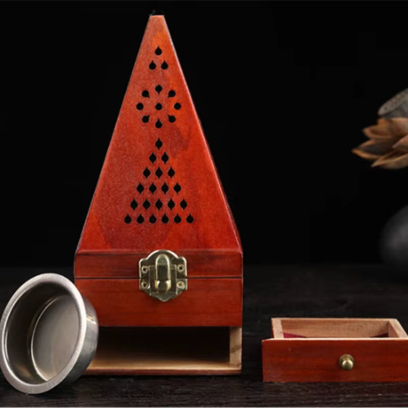 1 Pcs Antique Aromatherapy Box Sandalwood Pine Wood Hollow Home Incense Burner Creative Pyramid