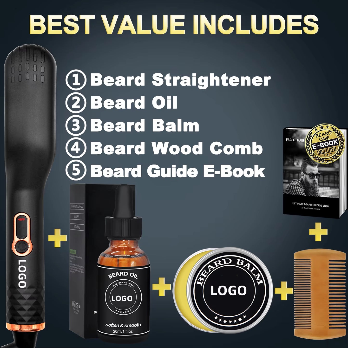 Men Beard Comb Set Hair Straightener Brush with Beard Oil Hair Curler Straightening Beard Straightener for Men Styling Tools