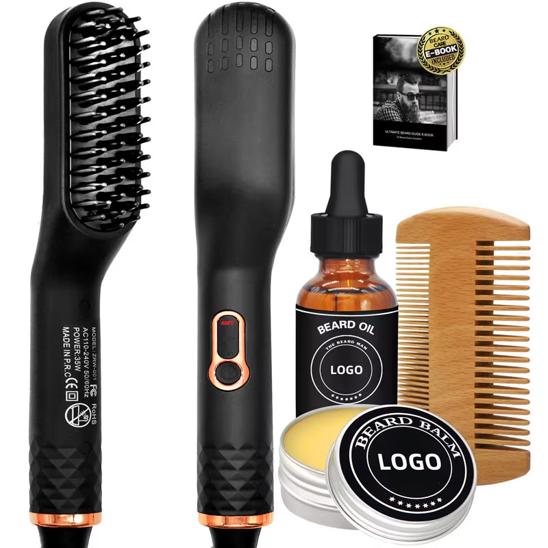 Men Beard Comb Set Hair Straightener Brush with Beard Oil Hair Curler Straightening Beard Straightener for Men Styling Tools